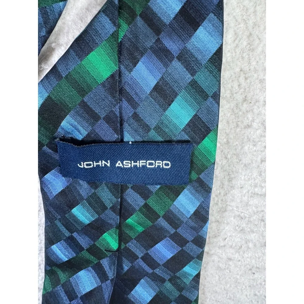 John Ashford Necktie Mens OS Blue Green Good Silk Geometric Plaid Hand Made